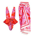 Three Pieces Pastel Print Deep V Neck Butterfly Belt Monokini and Cover Up