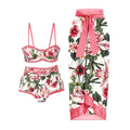 Three Pieces Pink Floral Print Bikini with Belt and Cover Up
