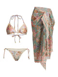 Three Pieces Holter Top Floral Print Bikini and Cover Up