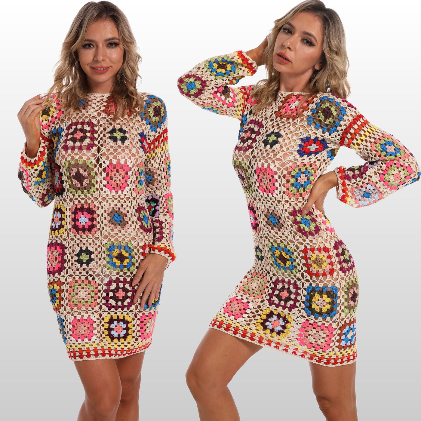 High Neck Granny Square Crochet with Long Sleeve Beach Dress Voguish Swimwear High Neck Granny Square Crochet with Long Sleeve Beach Dress Voguish Swimwear