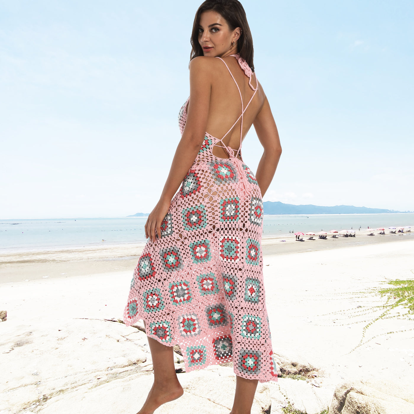 V Neck Crochet Granny Square Dress Cover Up Pink / Xs V Neck Crochet Granny Square Dress Cover Up Pink / Xs