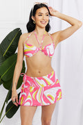 Marina West Pastel Print Low waist Halter Bandeau Top Bikini and Skirt Set