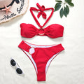 Red Two-pieces Halter Bandage High Cut Thong Bikinis