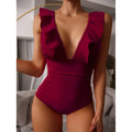 Red Ruffle Deep V Neck One Piece Monokini