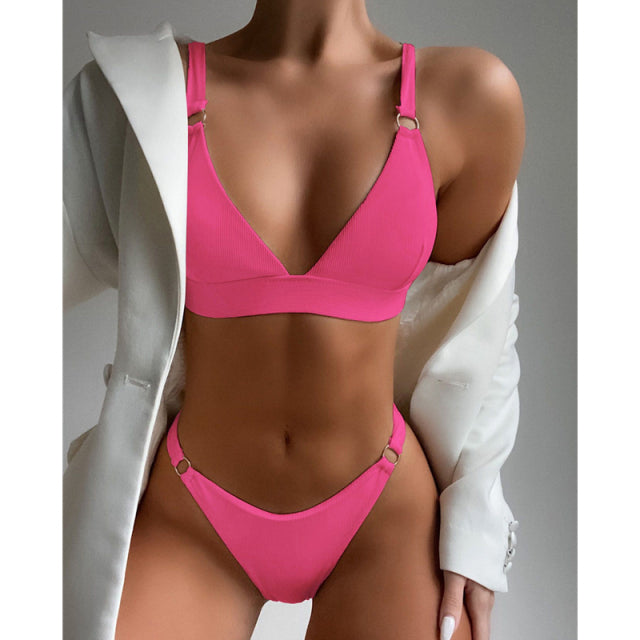 Solid Color Ribbed Push Up o'ring Swimwear