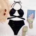 Black Solid Color Sexy Cutout 2 Piece Set O'ring Swimwear