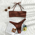 Solid High cut thong hollow out Ribbed bandeau