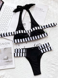 Black White Stripe Patchwork Deep V Hollow Backless Lace-up Bikini