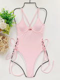 Pink Solid Hollow Out Bandage With Pad Corset Monokini