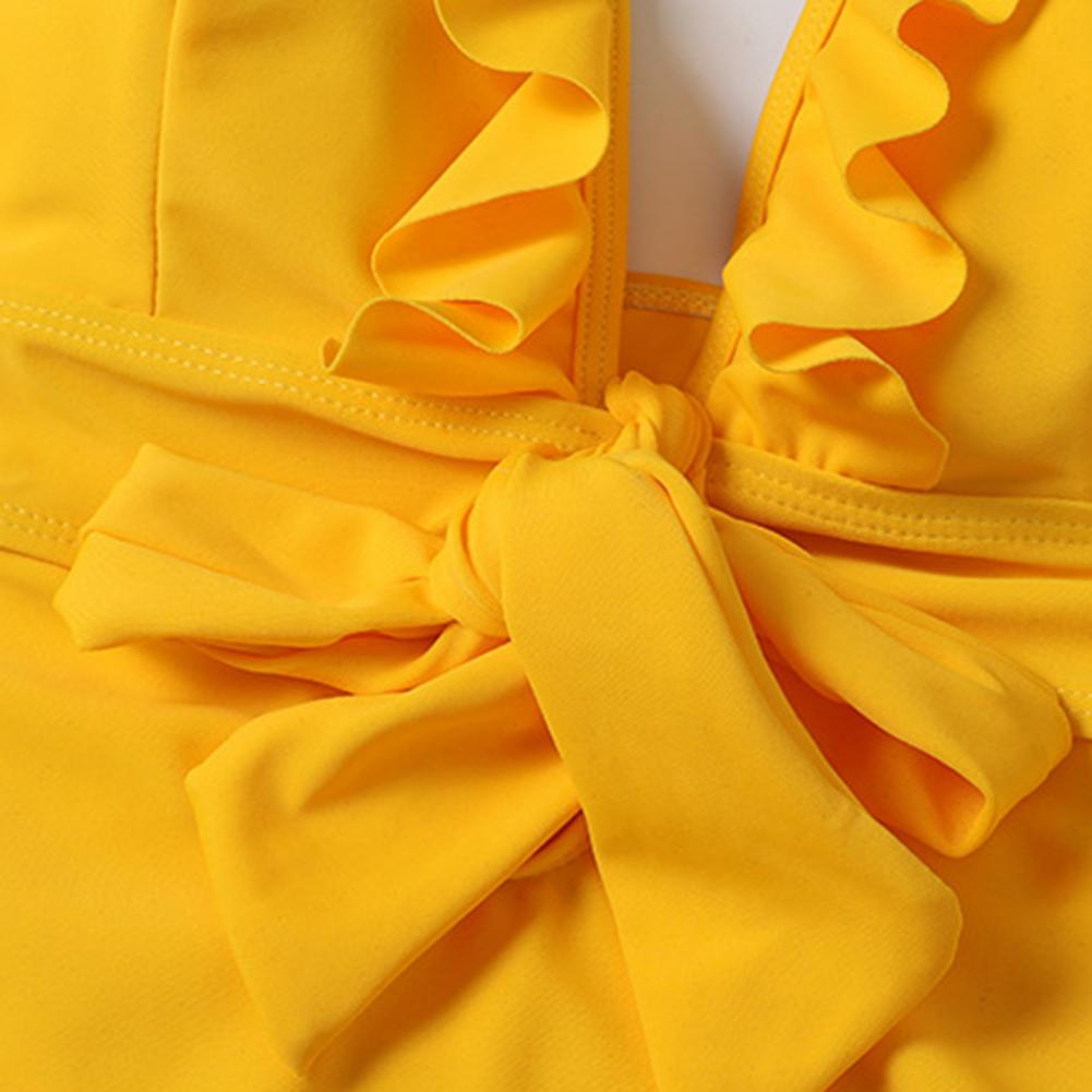 Yellow High Waist Lotus Leaf Low Collar Backless Monokini