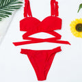Split High Leg Cut Frilled Red Bandage Wrap Around Bikini