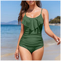 Army Green Ruffle One Piece Solid Ruched Scoop Neckline Backless Classic Monokini